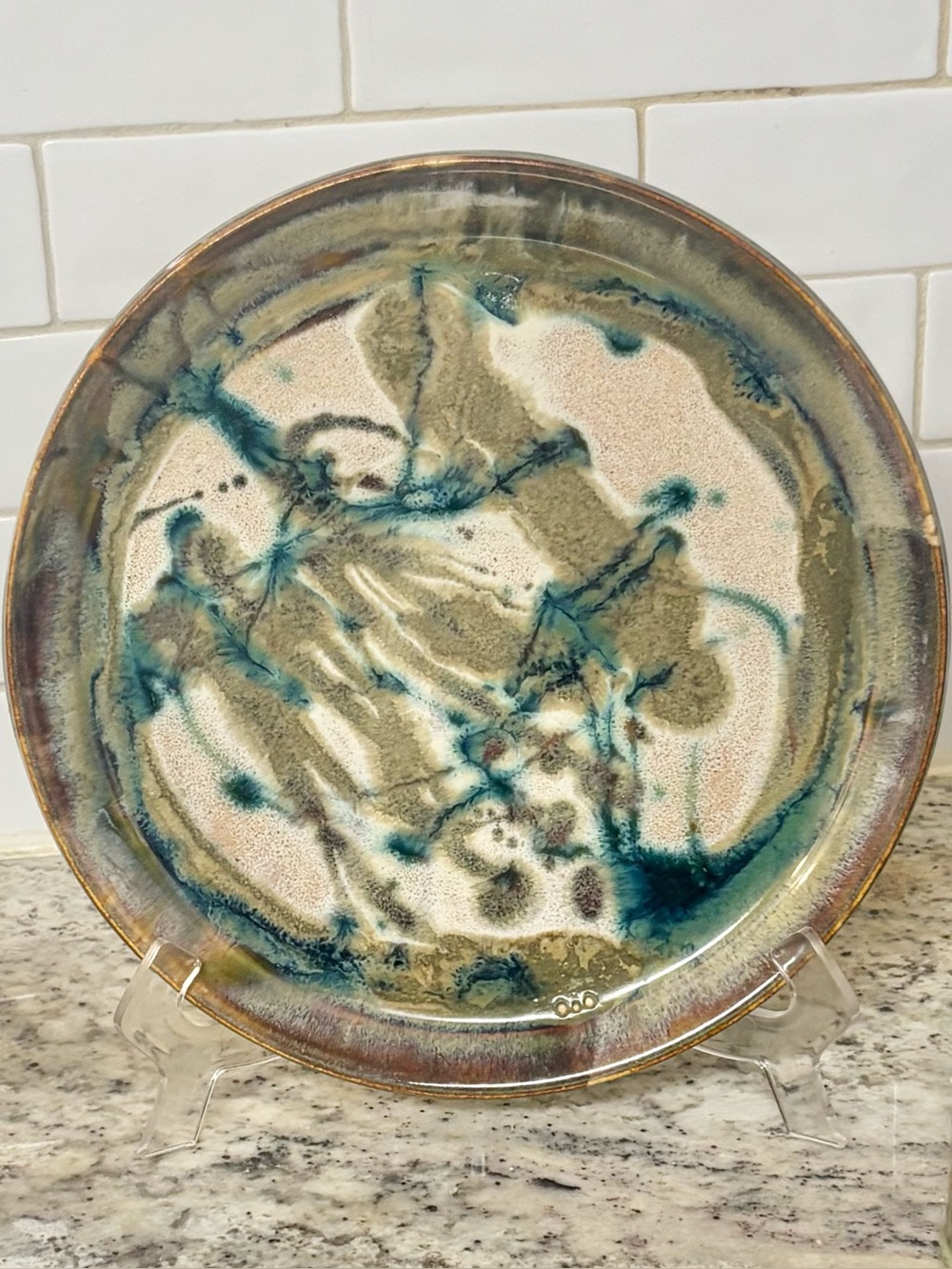 Handcrafted Ceramic Art Plate in Teal and Olive